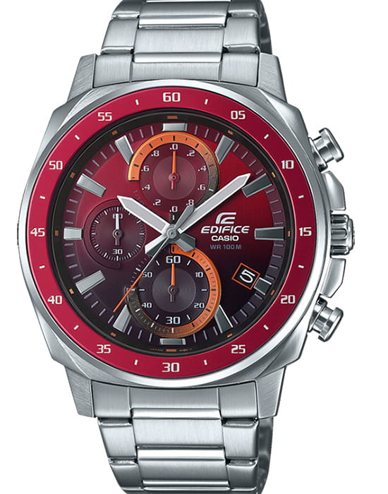 Casio Casio Edifice EFV-600D-4A EFV EFV-600D-4A кварцевые мужские часы красный циферблат, браслет нержавеющая сталь — вид спереди